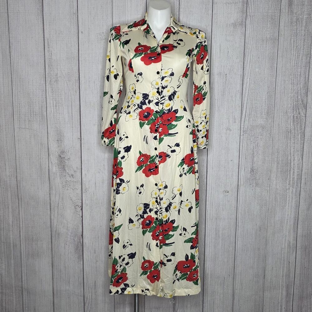 VTG 70s Sears Floral Maxi Dress Poppy Mod Flower Power, Sz Large